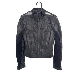BCBGMAXAZRIA Leather Moto Jacket Metallic Mesh Shoulder Black XXS